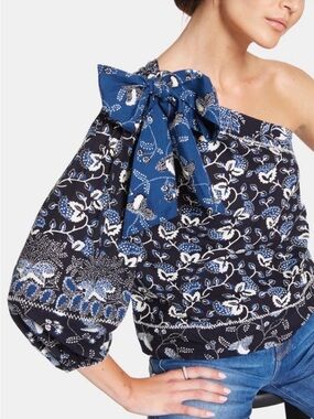 Ulla Johnson Asima One Shoulder Bow Top Indigo Blue Statement Blouse Size 2